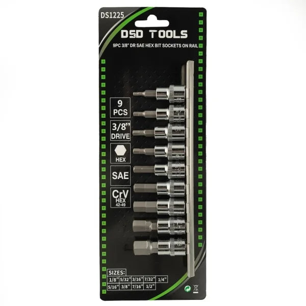 9PC 3/8″ DR SAE HEX BIT SOCKETS ON RAIL