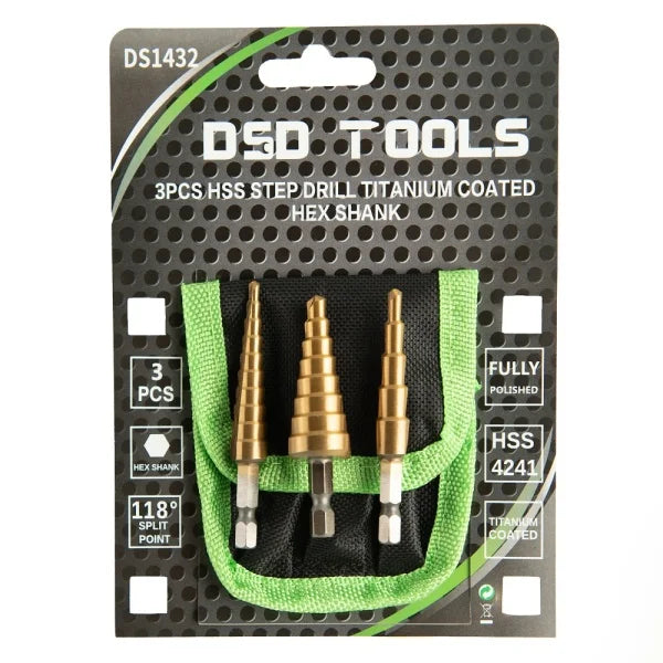 3PC HSS Step Drill Titanium Coated HEX Shank