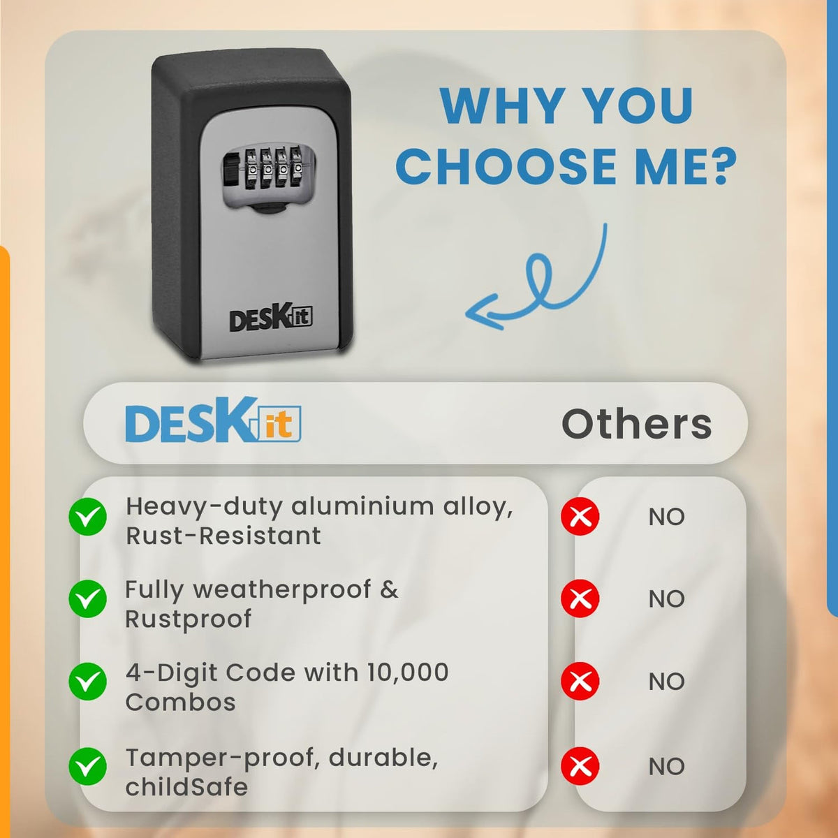 Deskit 4-Digit Combination Key Safe – Wall Mounted Outdoor Key Lock Box