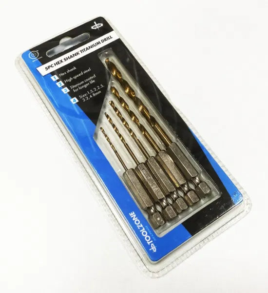5PC Titan Coated Drills HEX Shank