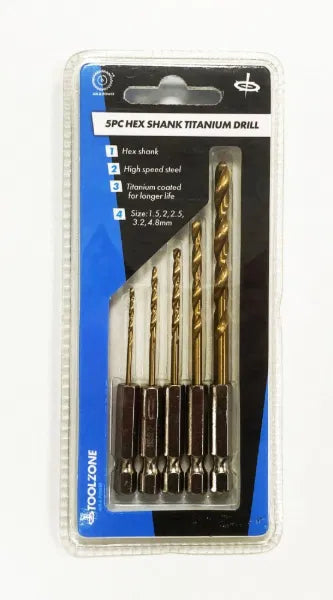 5PC Titan Coated Drills HEX Shank