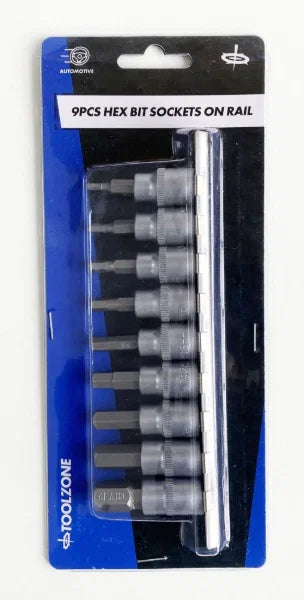 Hex Bit Socket Set 9Pc 3/8" Drive CRV Allen Metric 3-10mm Socket Rail