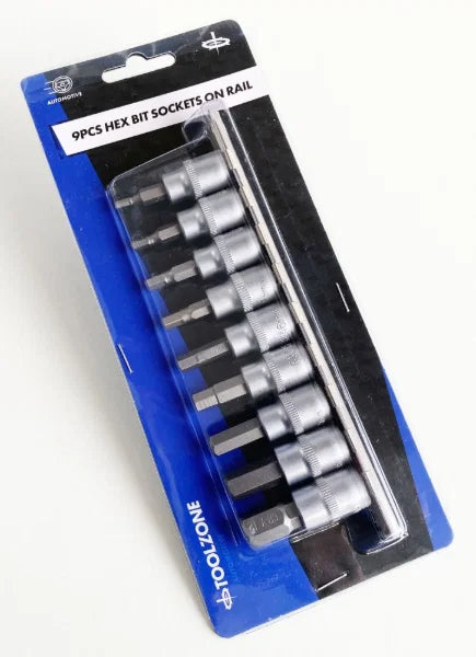 Hex Bit Socket Set 9Pc 3/8" Drive CRV Allen Metric 3-10mm Socket Rail