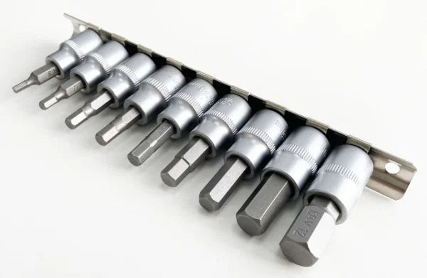 Hex Bit Socket Set 9Pc 3/8" Drive CRV Allen Metric 3-10mm Socket Rail