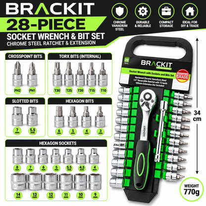 Brackit 28-Piece 1/4" Drive Socket & Ratchet Wrench Set