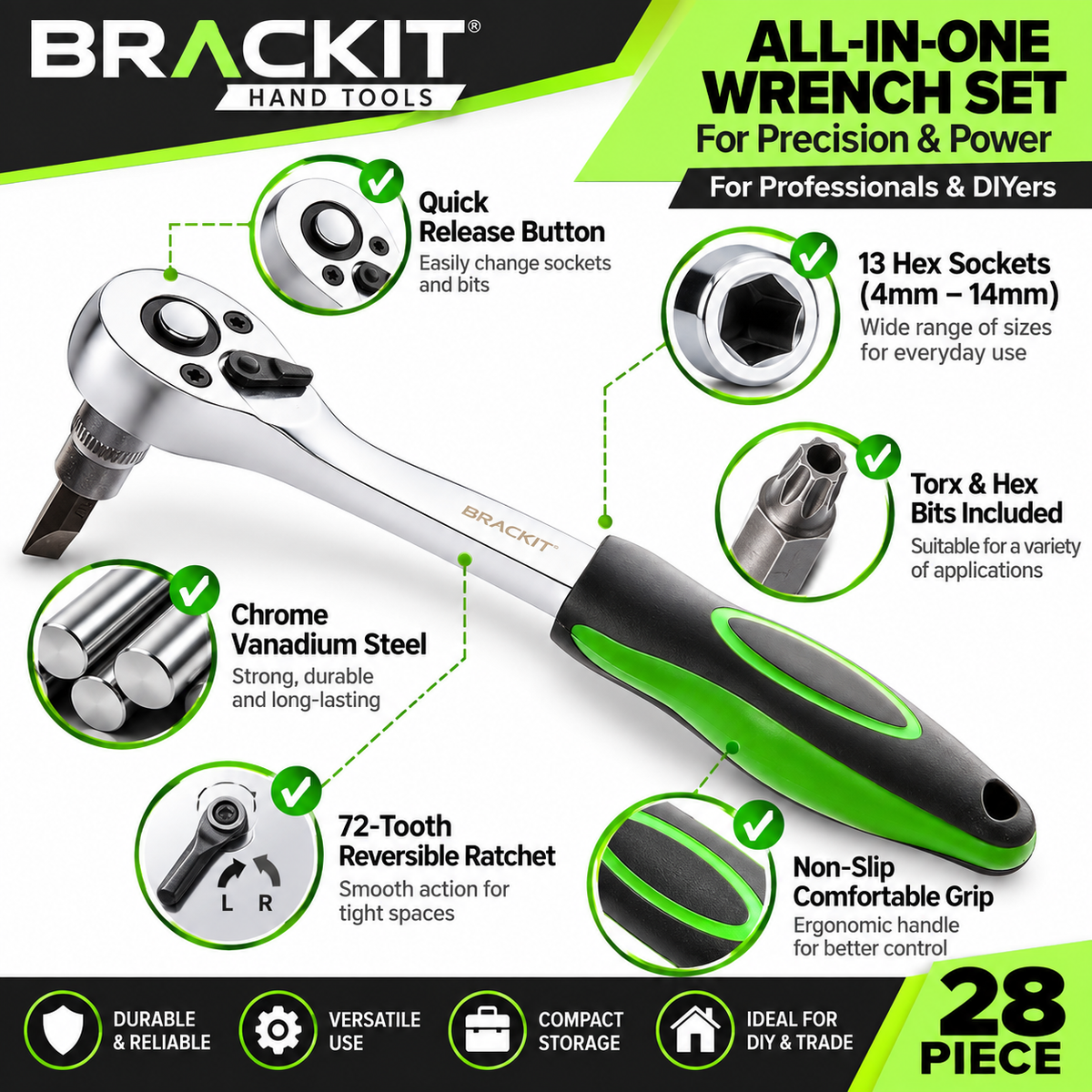 Brackit 28-Piece 1/4" Drive Socket & Ratchet Wrench Set